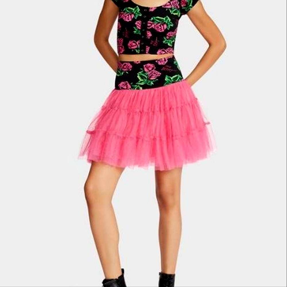 Betsey Johnson Floral Pink Black Tulle Tutu Skater Mini Skirt XL
